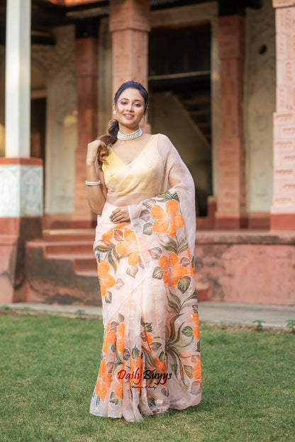 Designer Tikki Work Peach Organza Sarees