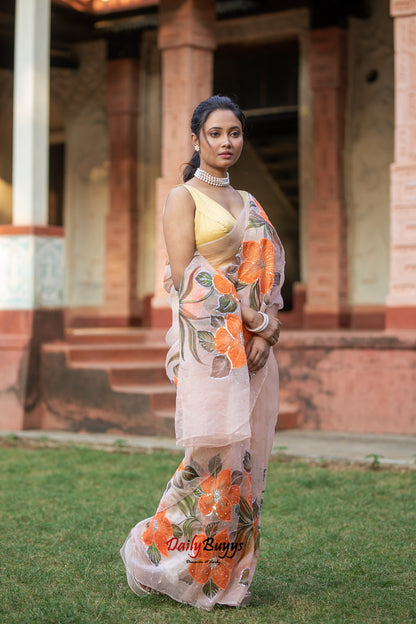 Designer Tikki Work Peach Organza Sarees