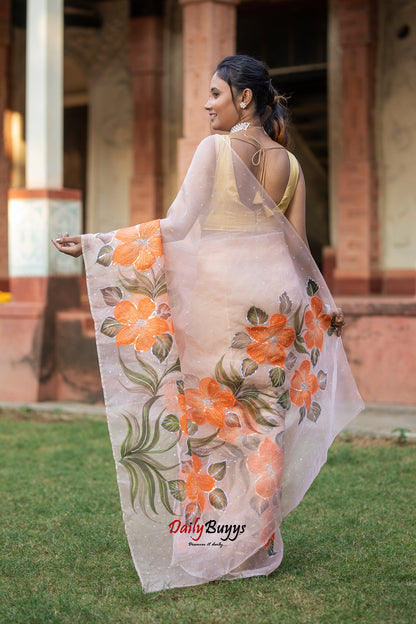 Designer Tikki Work Peach Organza Sarees