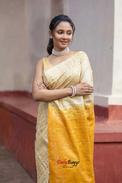 Yellow Pure Silk Mark Certified Tussar Ghicha Silk Sarees