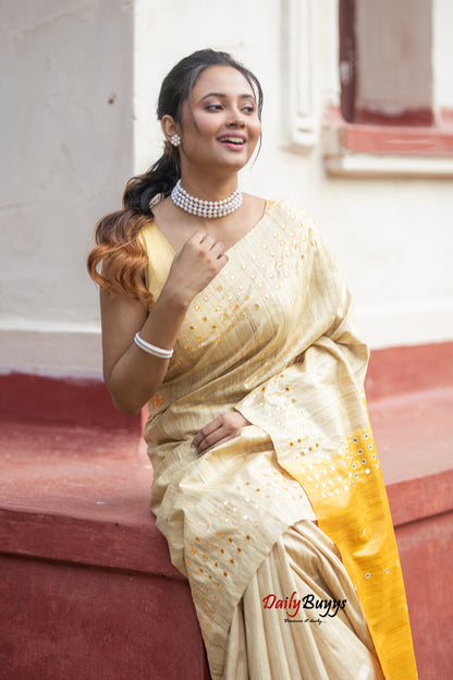 Yellow Pure Silk Mark Certified Tussar Ghicha Silk Sarees