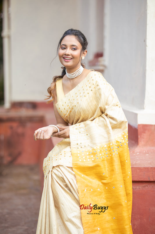 Yellow Pure Silk Mark Certified Tussar Ghicha Silk Sarees