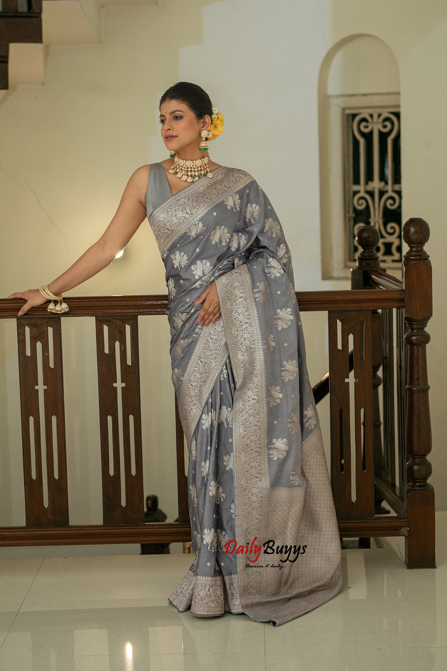 Grey Festive Special Zari Work Banarasi Silk Sarees