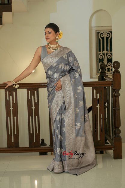 Grey Festive Special Zari Work Banarasi Silk Sarees