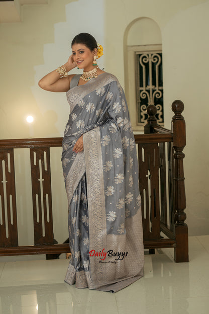 Grey Festive Special Zari Work Banarasi Silk Sarees
