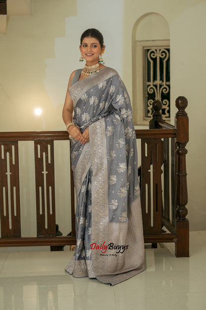 Grey Festive Special Zari Work Banarasi Silk Sarees