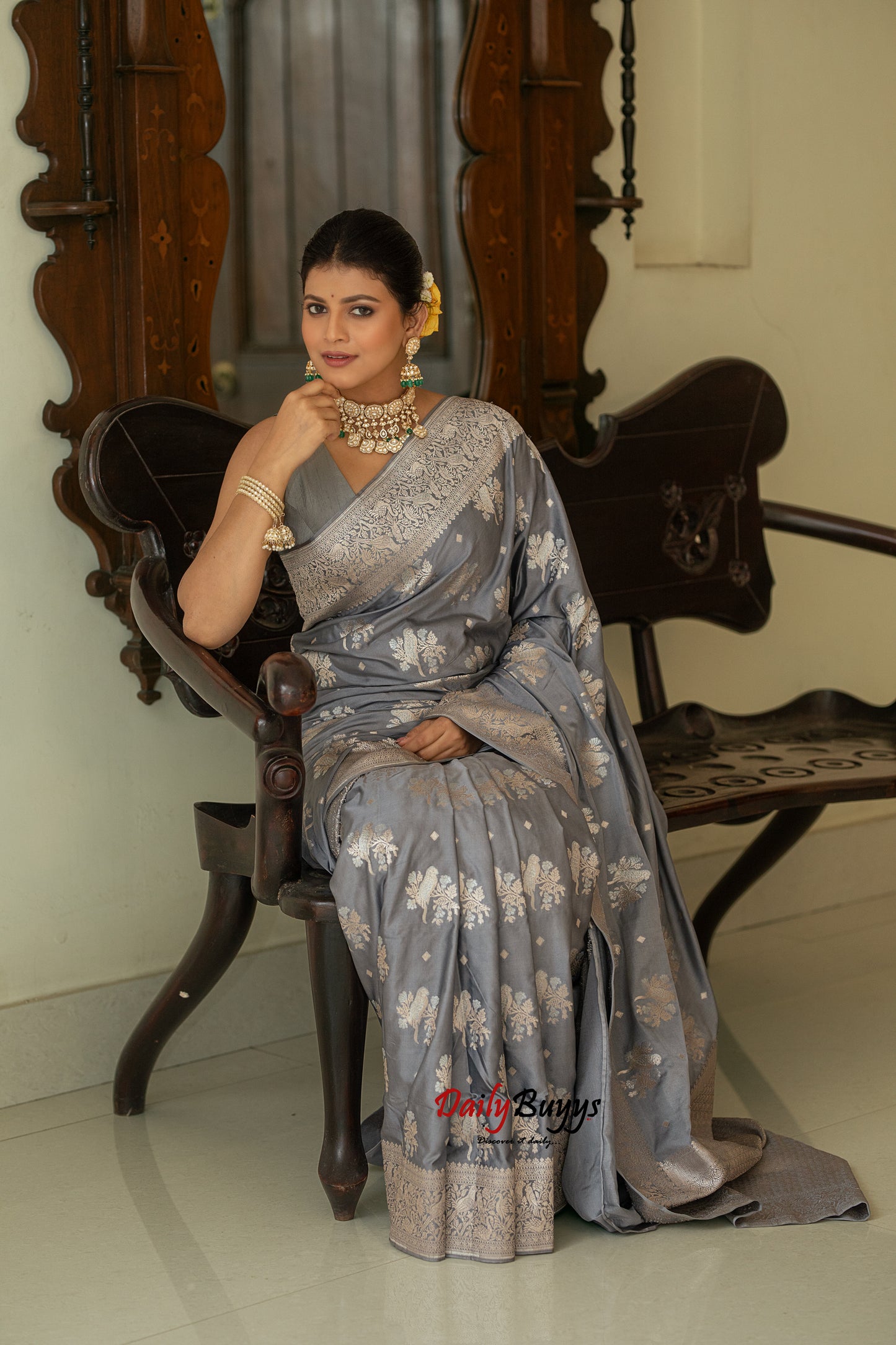 Grey Festive Special Zari Work Banarasi Silk Sarees