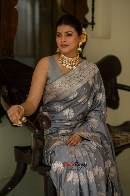 Grey Festive Special Zari Work Banarasi Silk Sarees