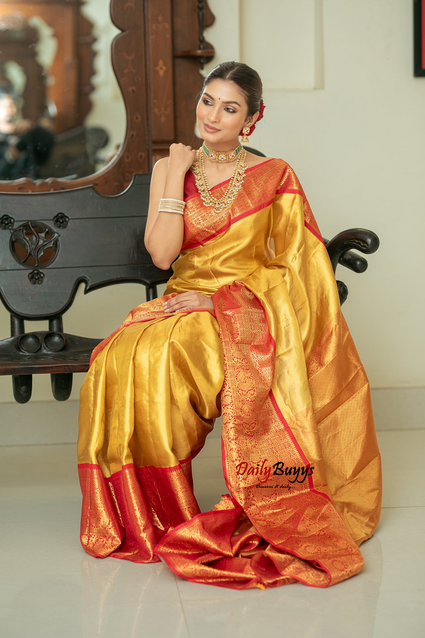 Yellow Red Tissue Kanjivaram Banarasi Silk Sarees