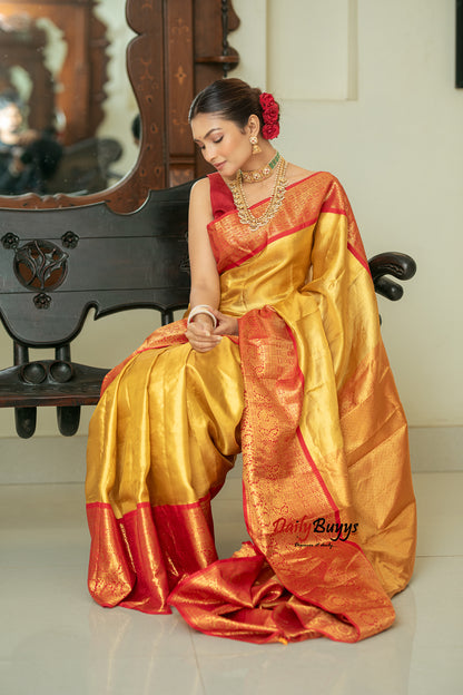 Yellow Red Tissue Kanjivaram Banarasi Silk Sarees