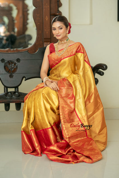 Yellow Red Tissue Kanjivaram Banarasi Silk Sarees