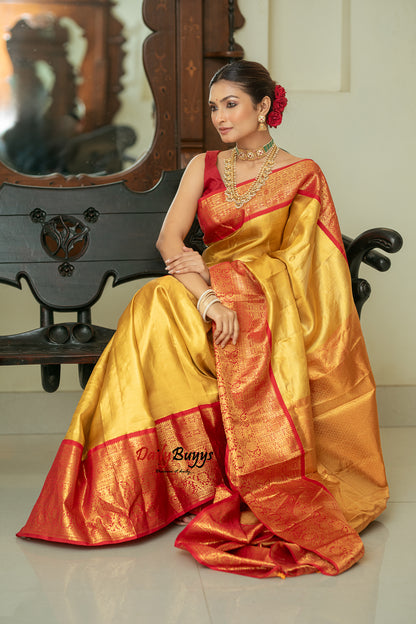 Yellow Red Tissue Kanjivaram Banarasi Silk Sarees