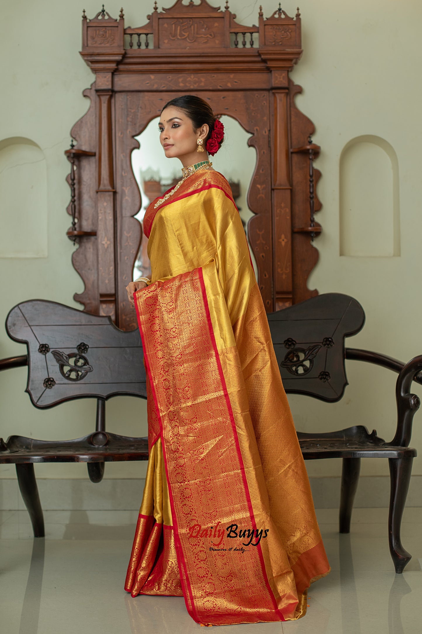 Yellow Red Tissue Kanjivaram Banarasi Silk Sarees