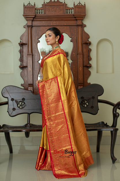 Yellow Red Tissue Kanjivaram Banarasi Silk Sarees