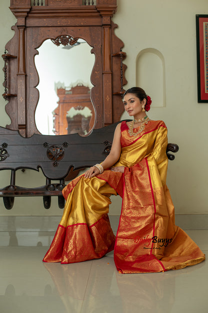 Yellow Red Tissue Kanjivaram Banarasi Silk Sarees