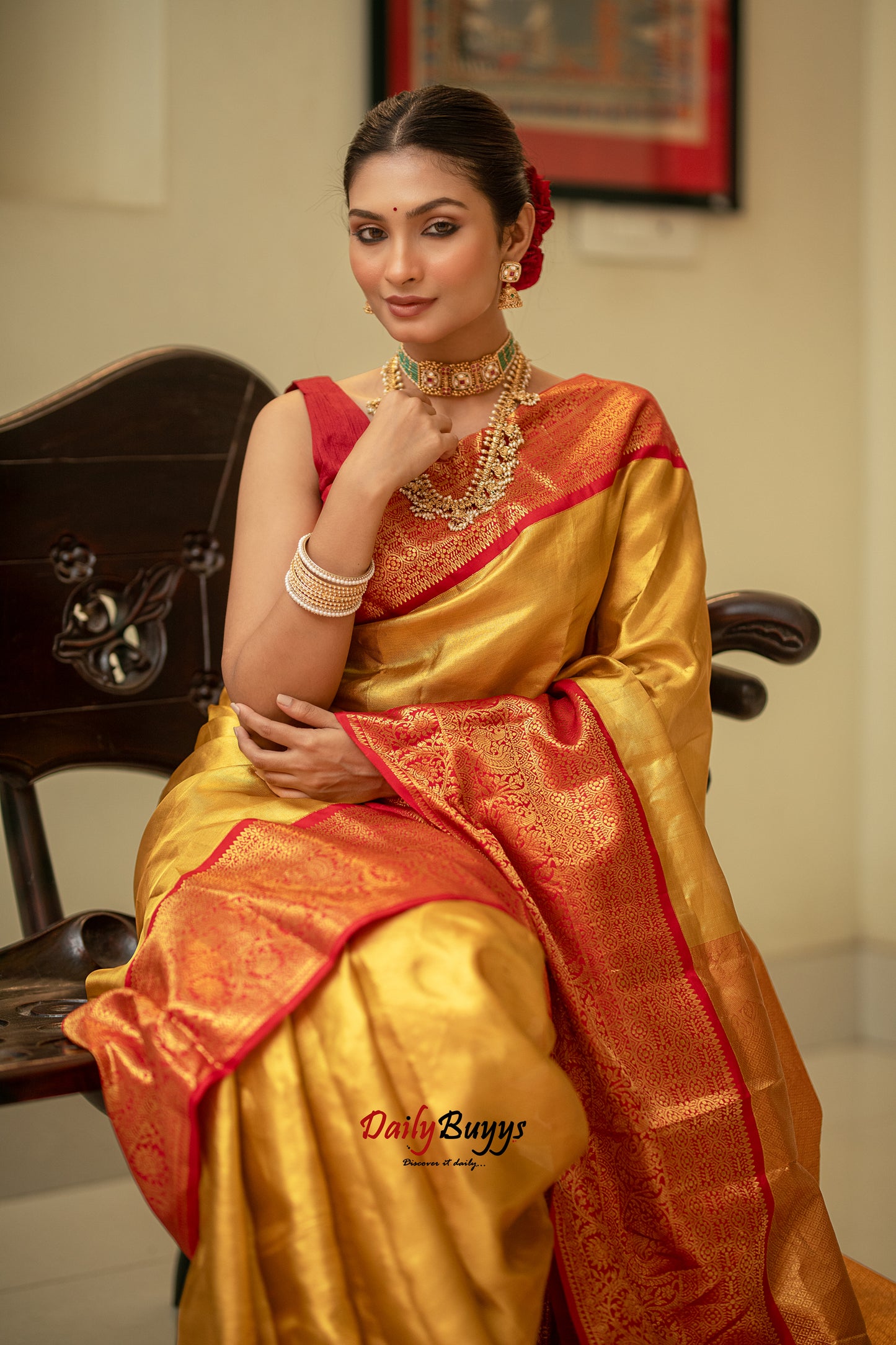 Yellow Red Tissue Kanjivaram Banarasi Silk Sarees