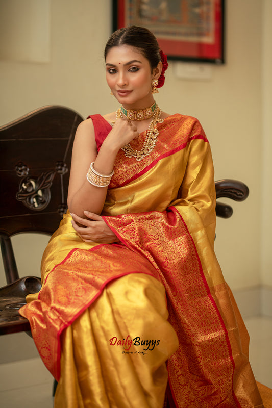 Yellow Red Tissue Kanjivaram Banarasi Silk Sarees