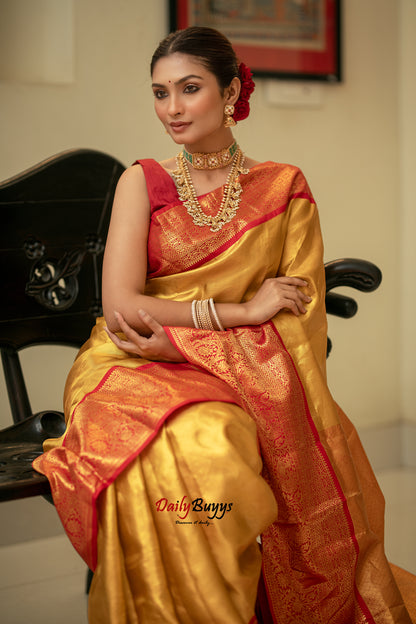 Yellow Red Tissue Kanjivaram Banarasi Silk Sarees