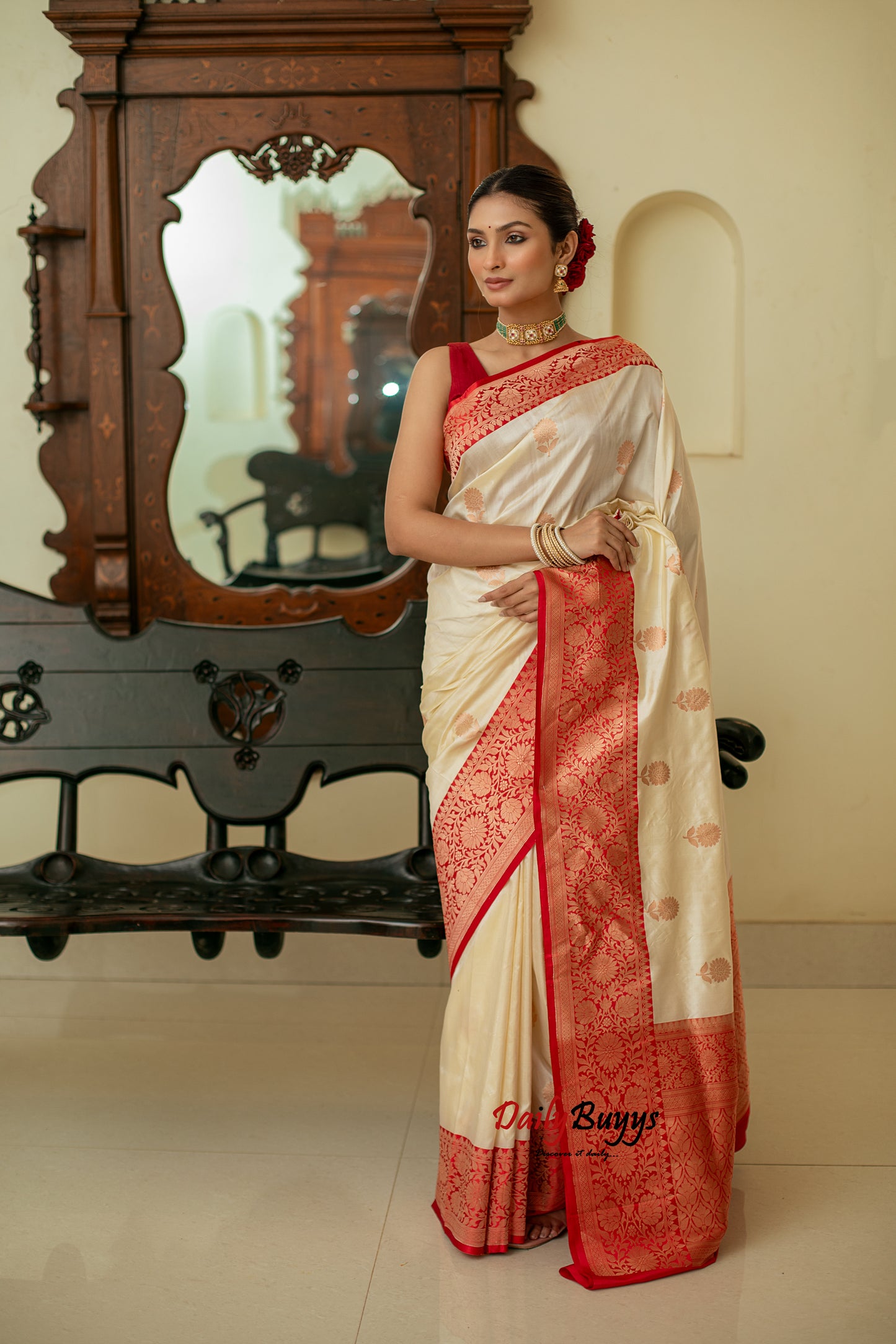 Red White Festive Special Zari Work Banarasi Silk Sarees