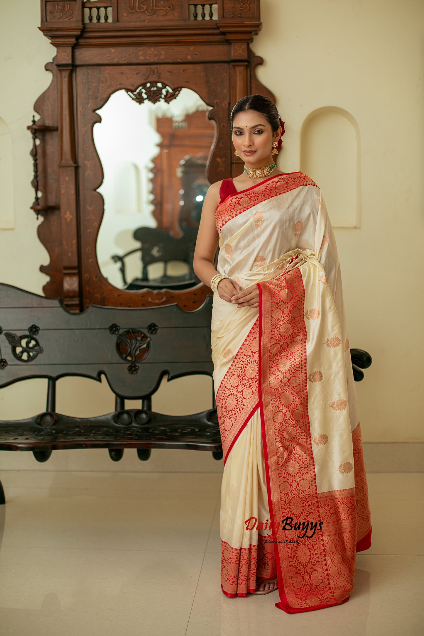Red White Festive Special Zari Work Banarasi Silk Sarees