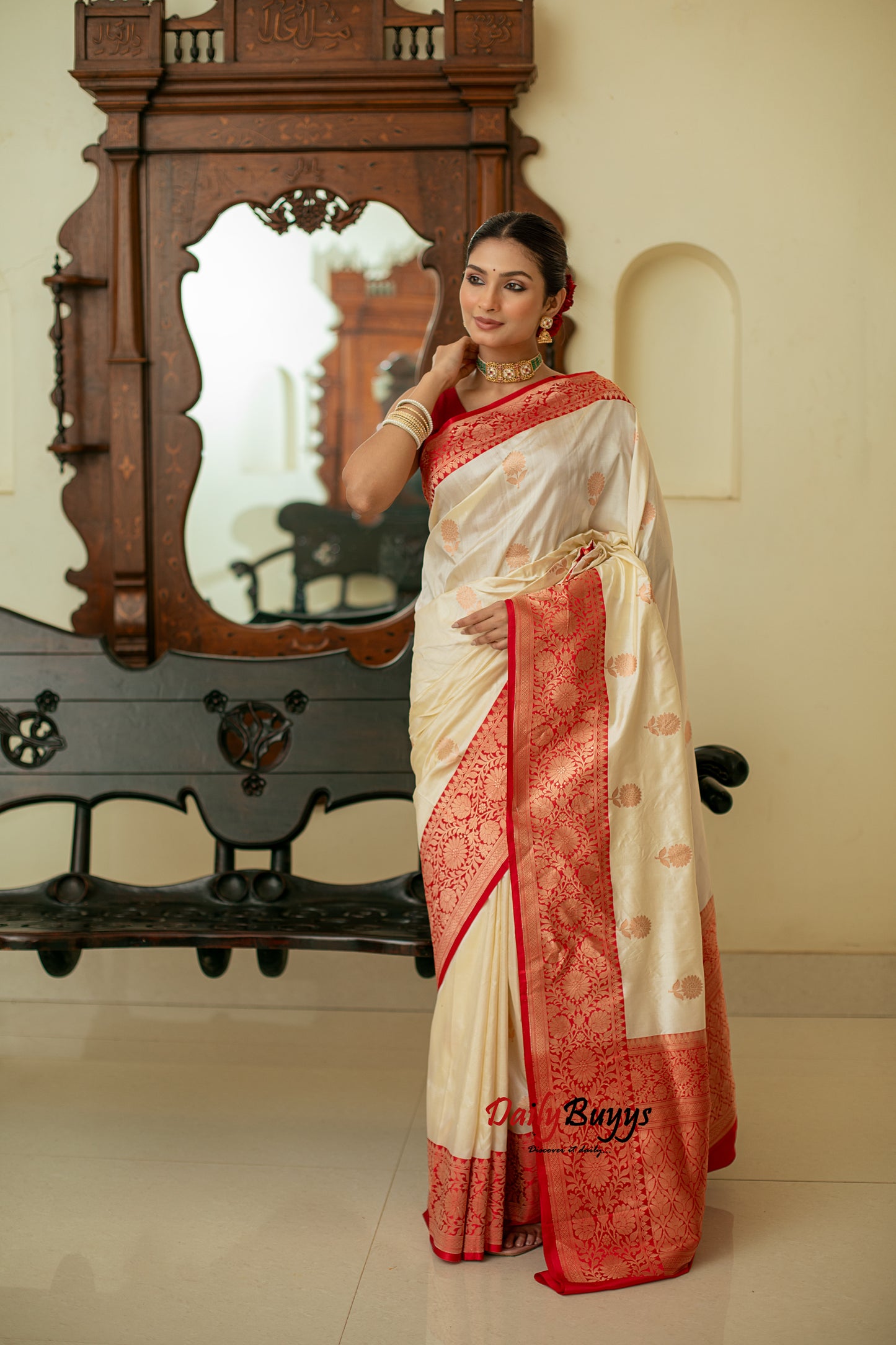 Red White Festive Special Zari Work Banarasi Silk Sarees