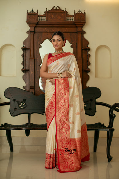 Red White Festive Special Zari Work Banarasi Silk Sarees
