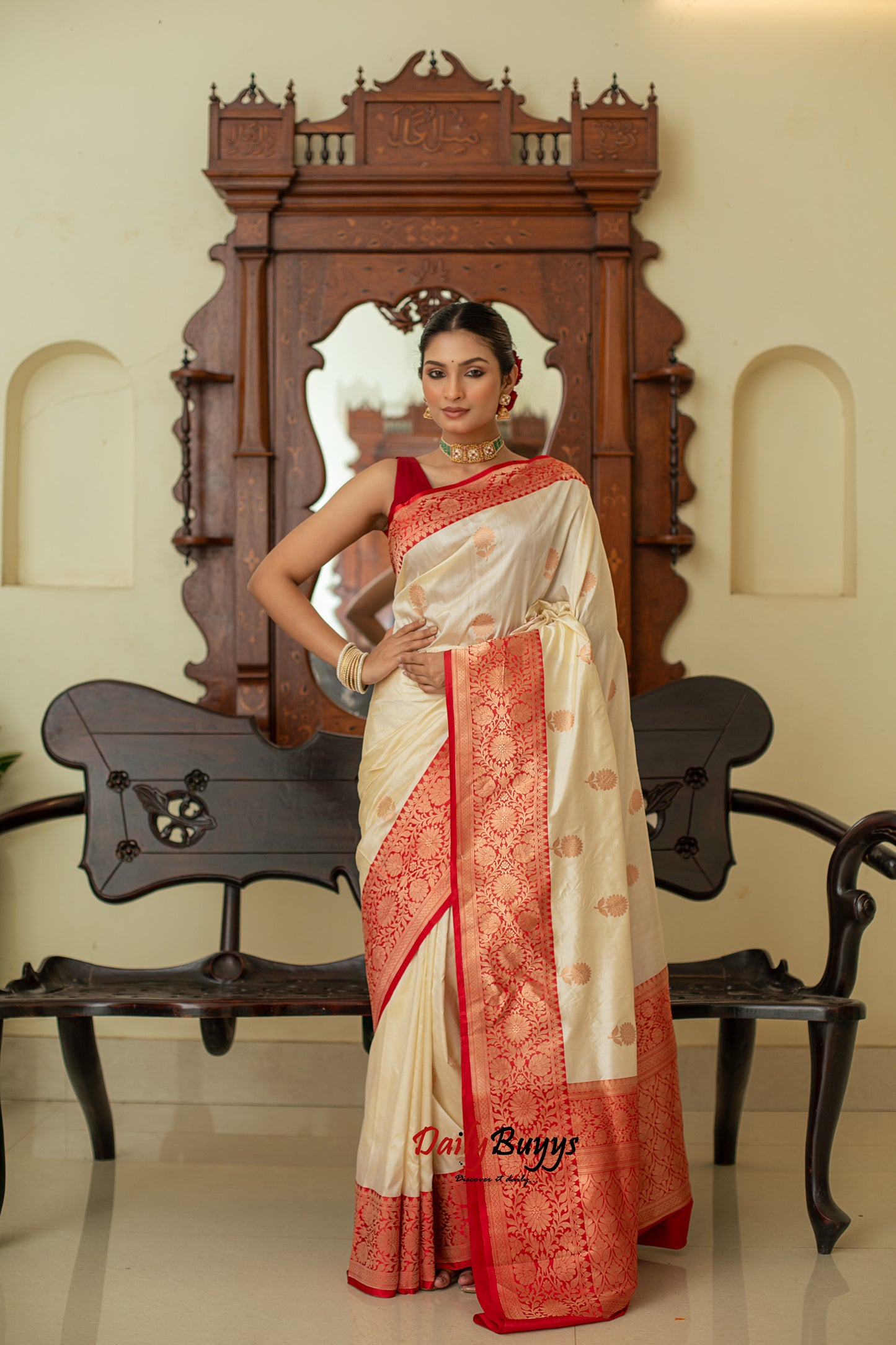 Red White Festive Special Zari Work Banarasi Silk Sarees