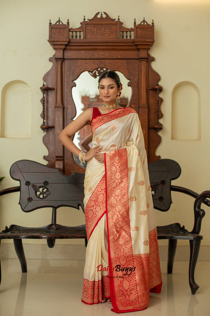 Red White Festive Special Zari Work Banarasi Silk Sarees