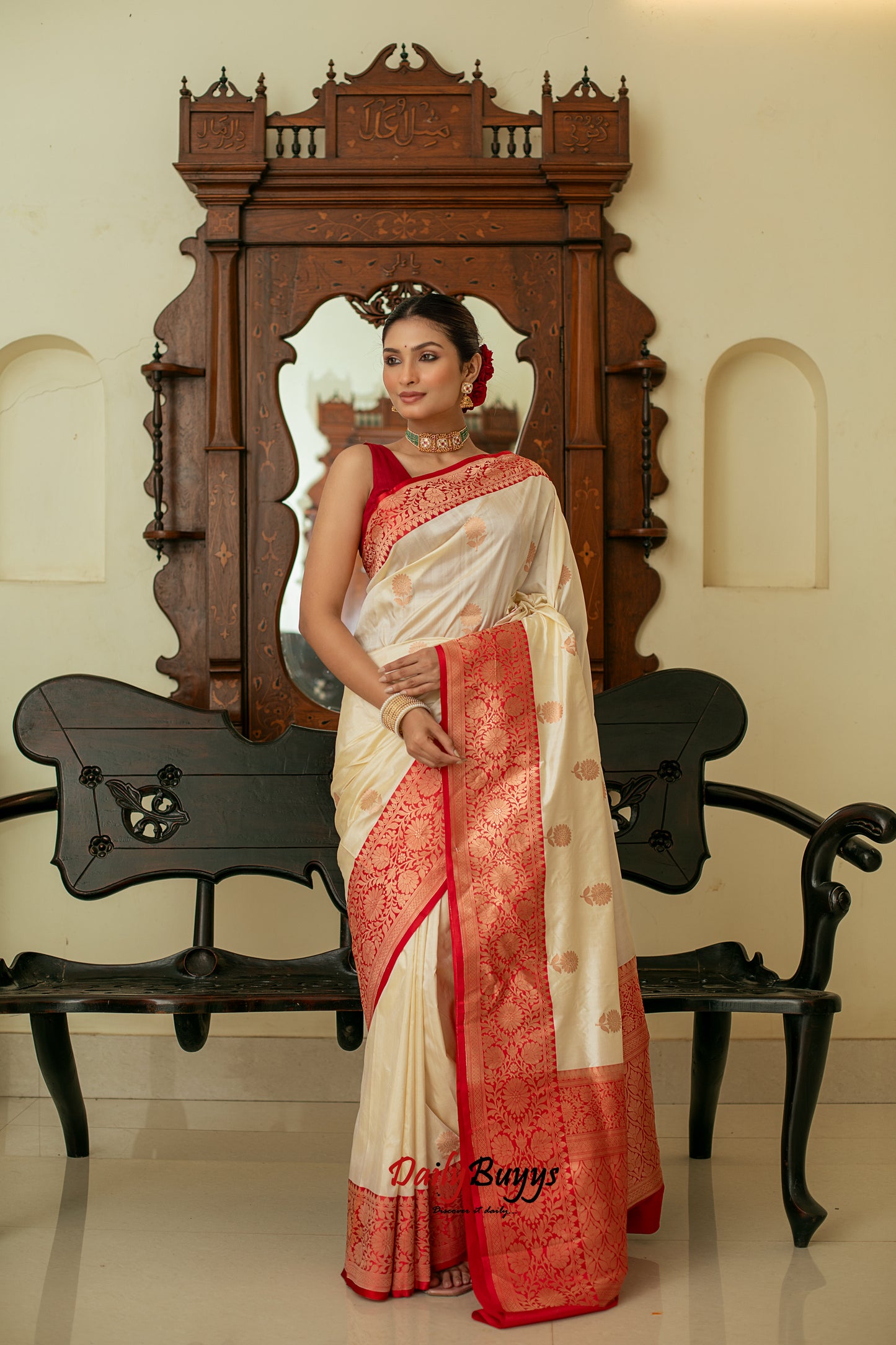 Red White Festive Special Zari Work Banarasi Silk Sarees