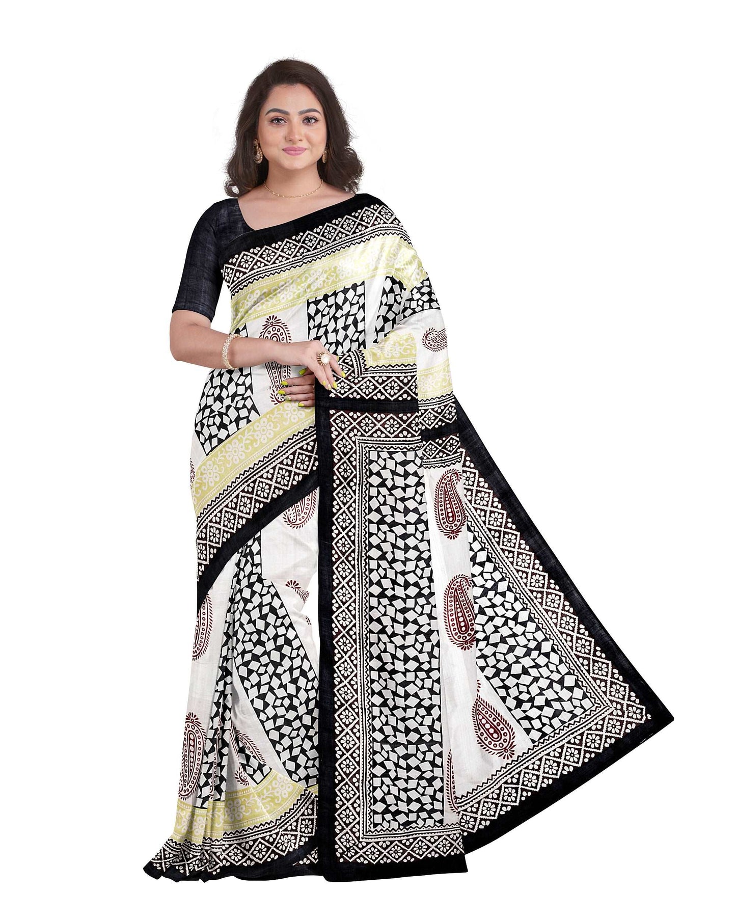 Beige Block Printed Pure Silk Mark Certified Bishnupuri Silk Sarees