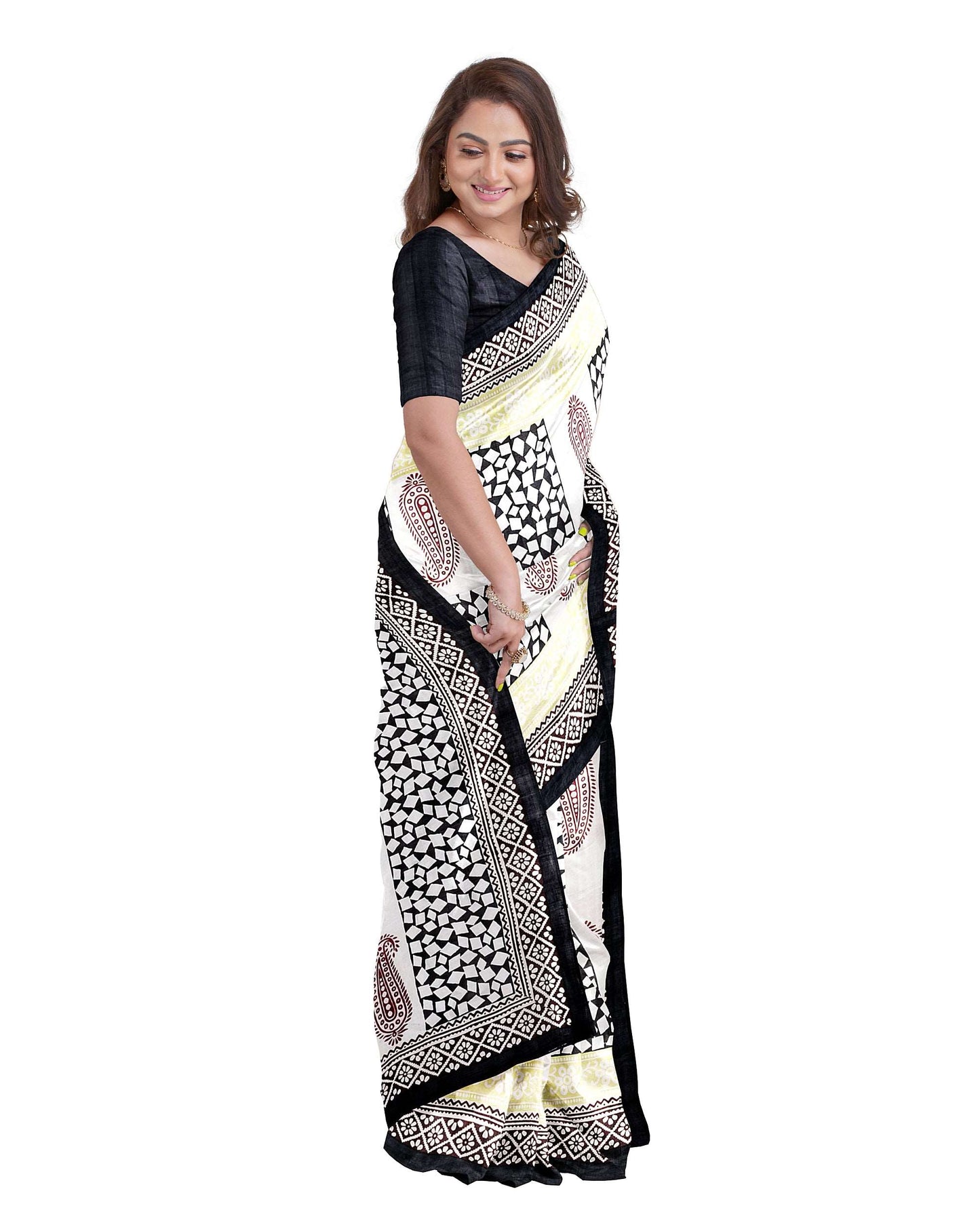 Beige Block Printed Pure Silk Mark Certified Bishnupuri Silk Sarees