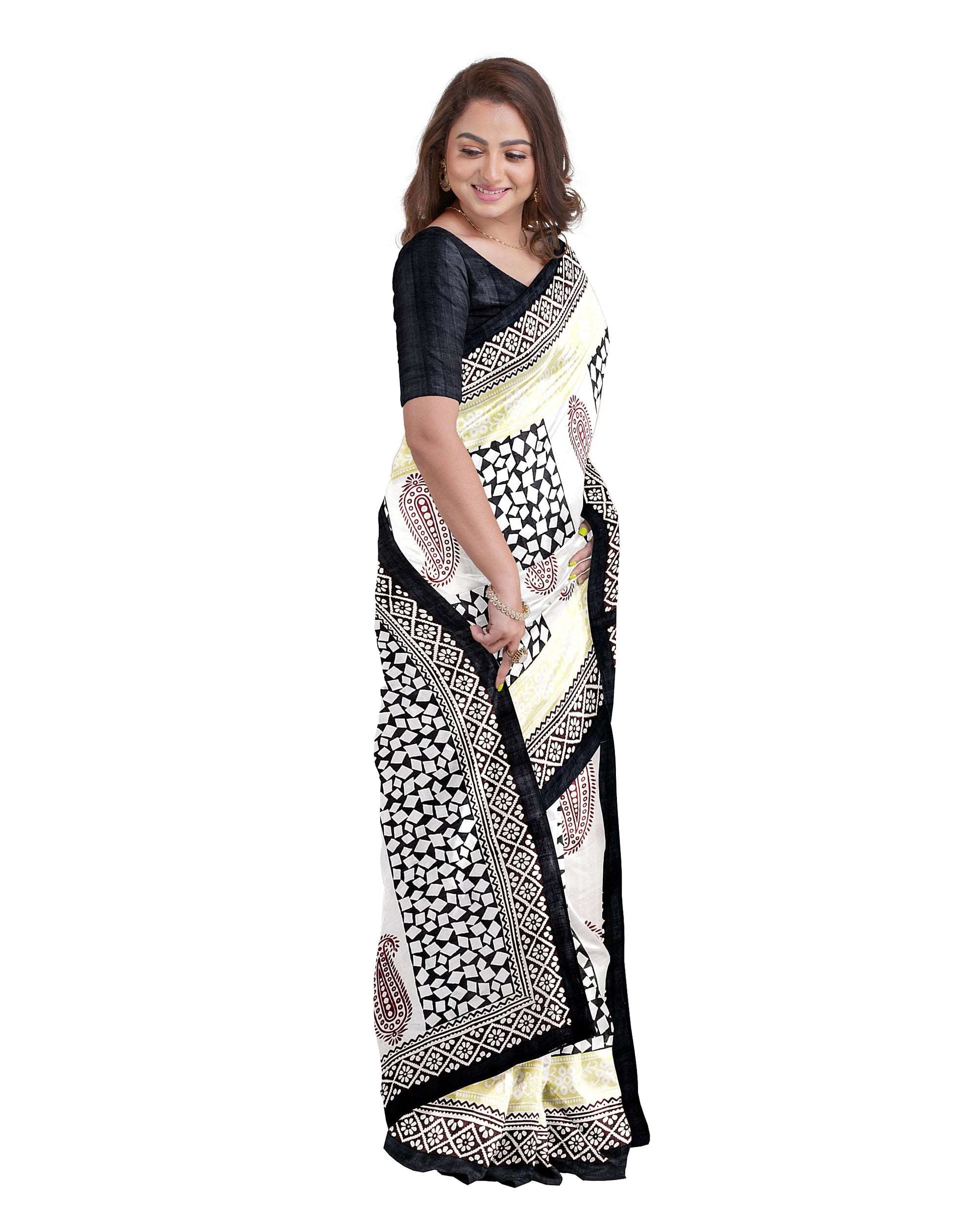 Beige Block Printed Pure Silk Mark Certified Bishnupuri Silk Sarees