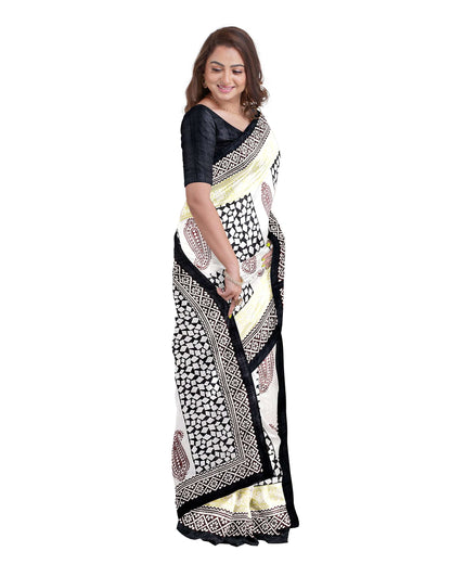 Beige Block Printed Pure Silk Mark Certified Bishnupuri Silk Sarees