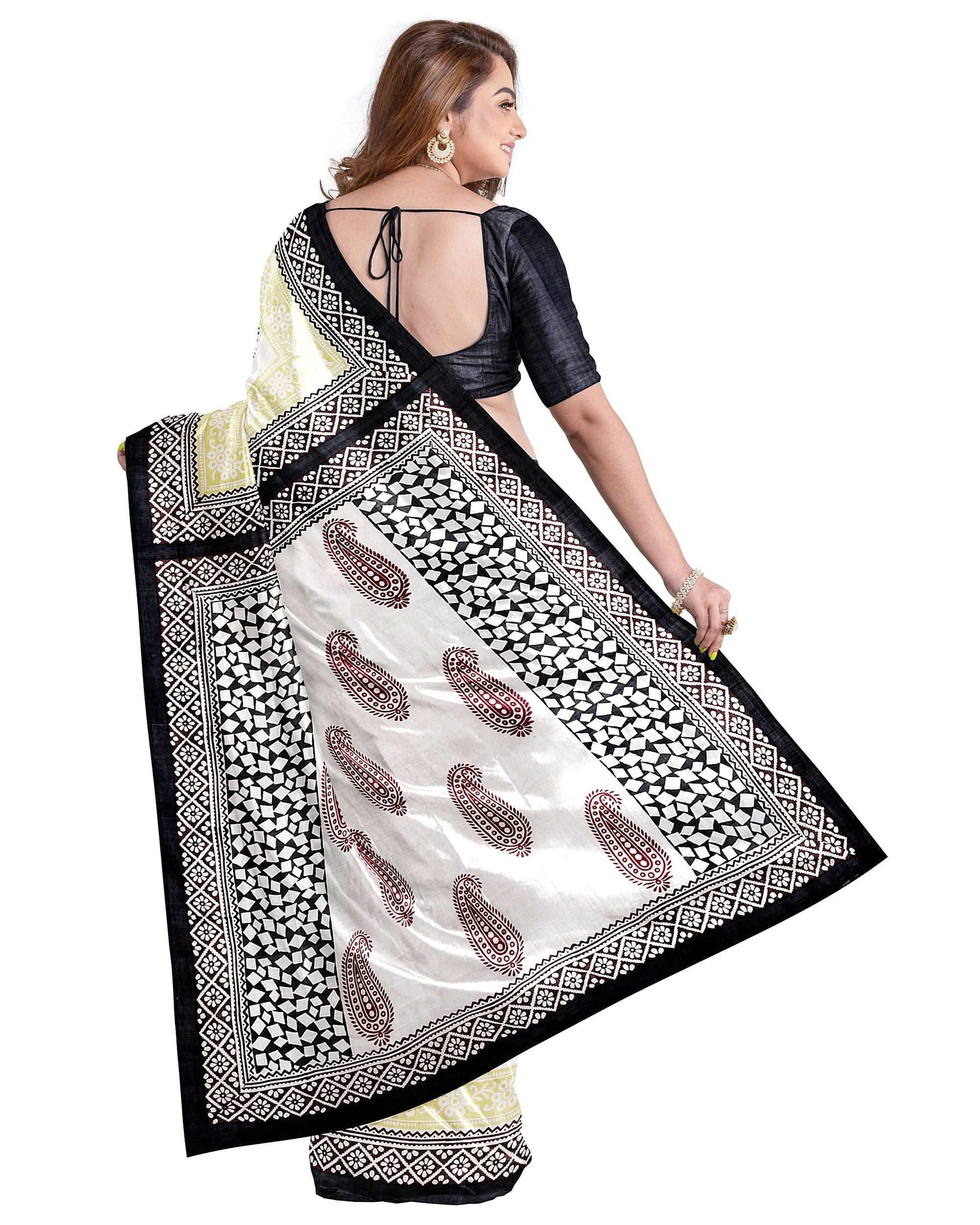 Beige Block Printed Pure Silk Mark Certified Bishnupuri Silk Sarees