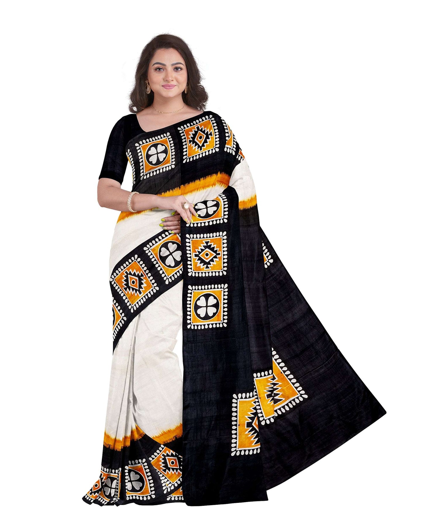 Beige Brown Block Printed Pure Silk Mark Certified Bishnupuri Silk Sarees