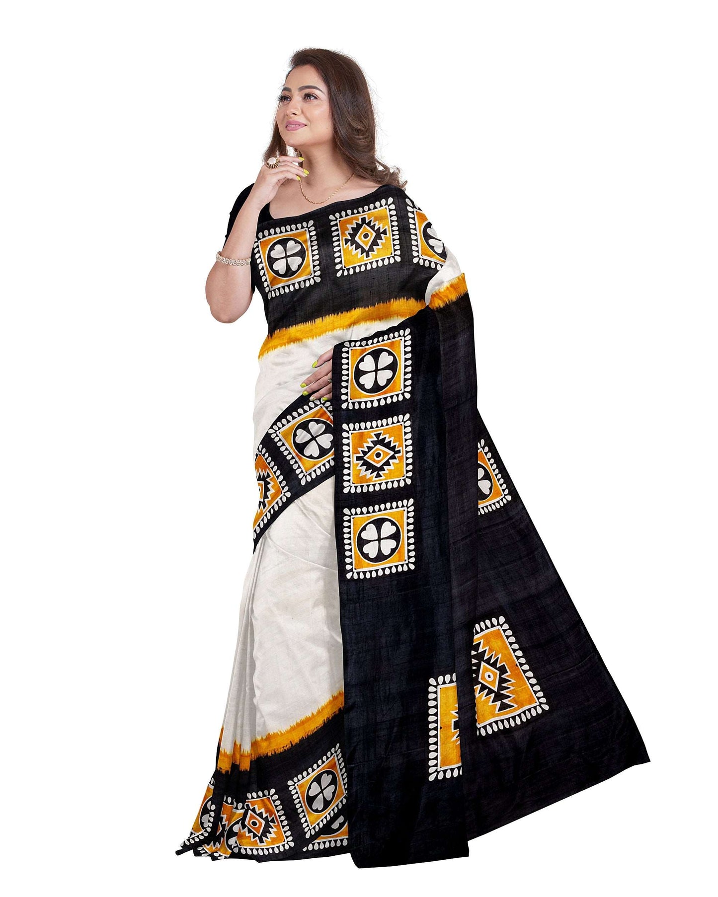 Beige Brown Block Printed Pure Silk Mark Certified Bishnupuri Silk Sarees