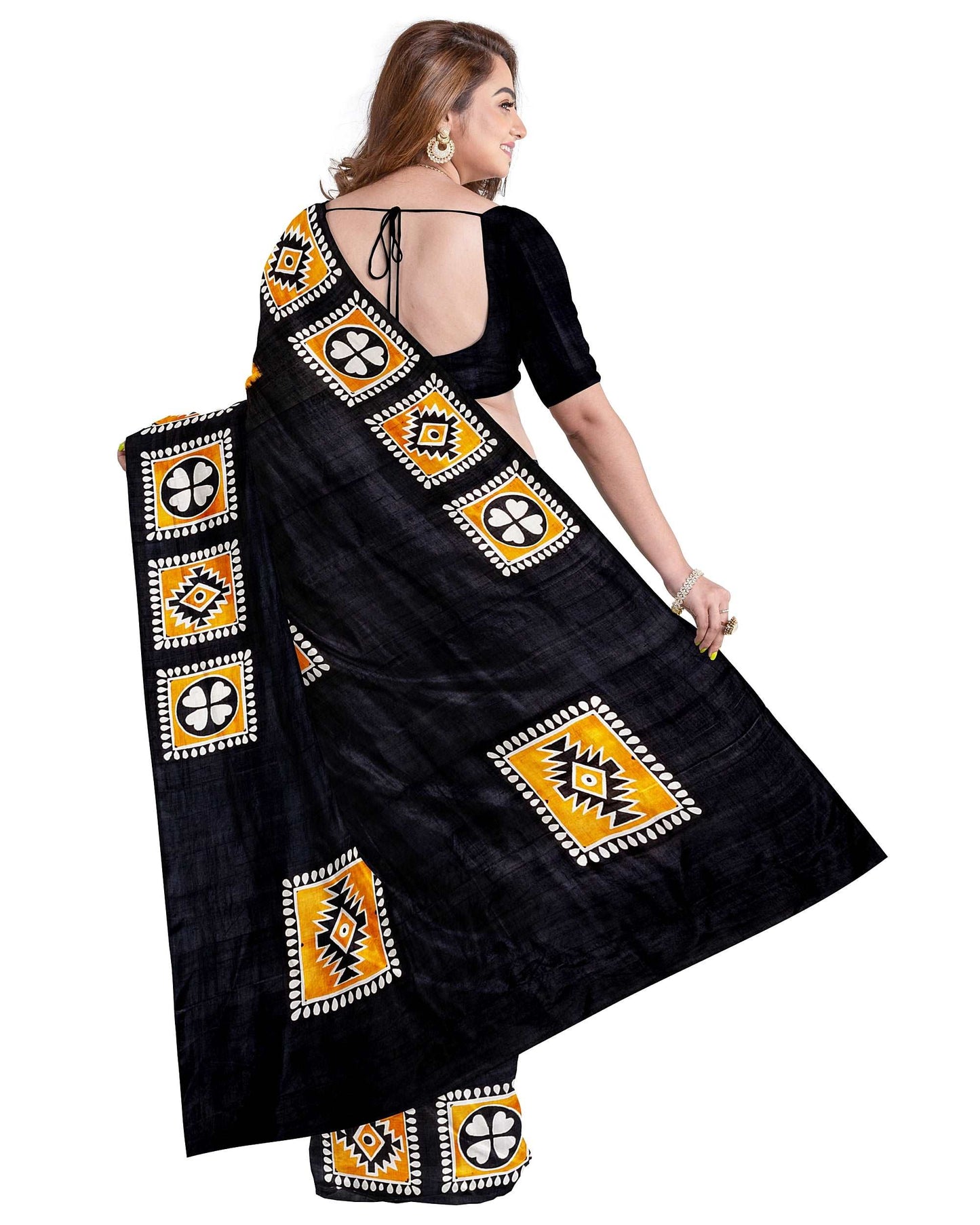 Beige Brown Block Printed Pure Silk Mark Certified Bishnupuri Silk Sarees