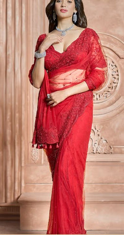 Red Floral Embroidered Designer Saree