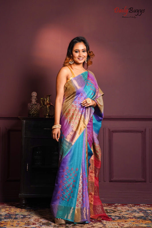 Multicolour Block Printed Zari Border Pure Silk Mark Certified Tussar Silk Sarees - Dailybuyys