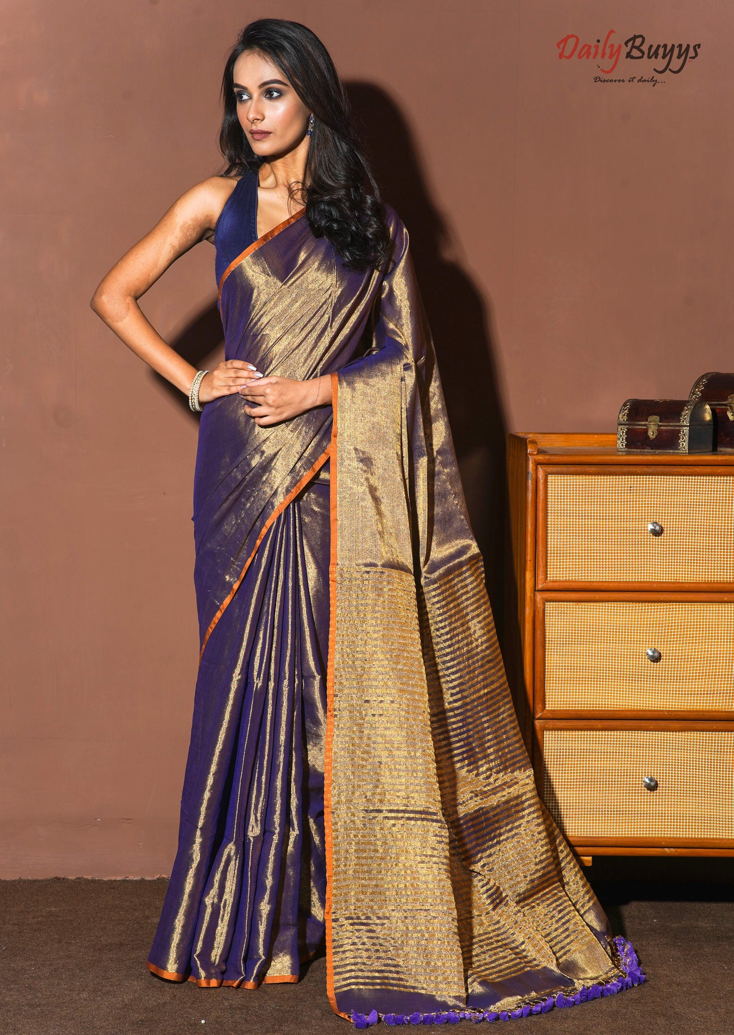 Golden Blue Sequin Work Handloom Metallic Tissue Silk Sarees - Dailybuyys