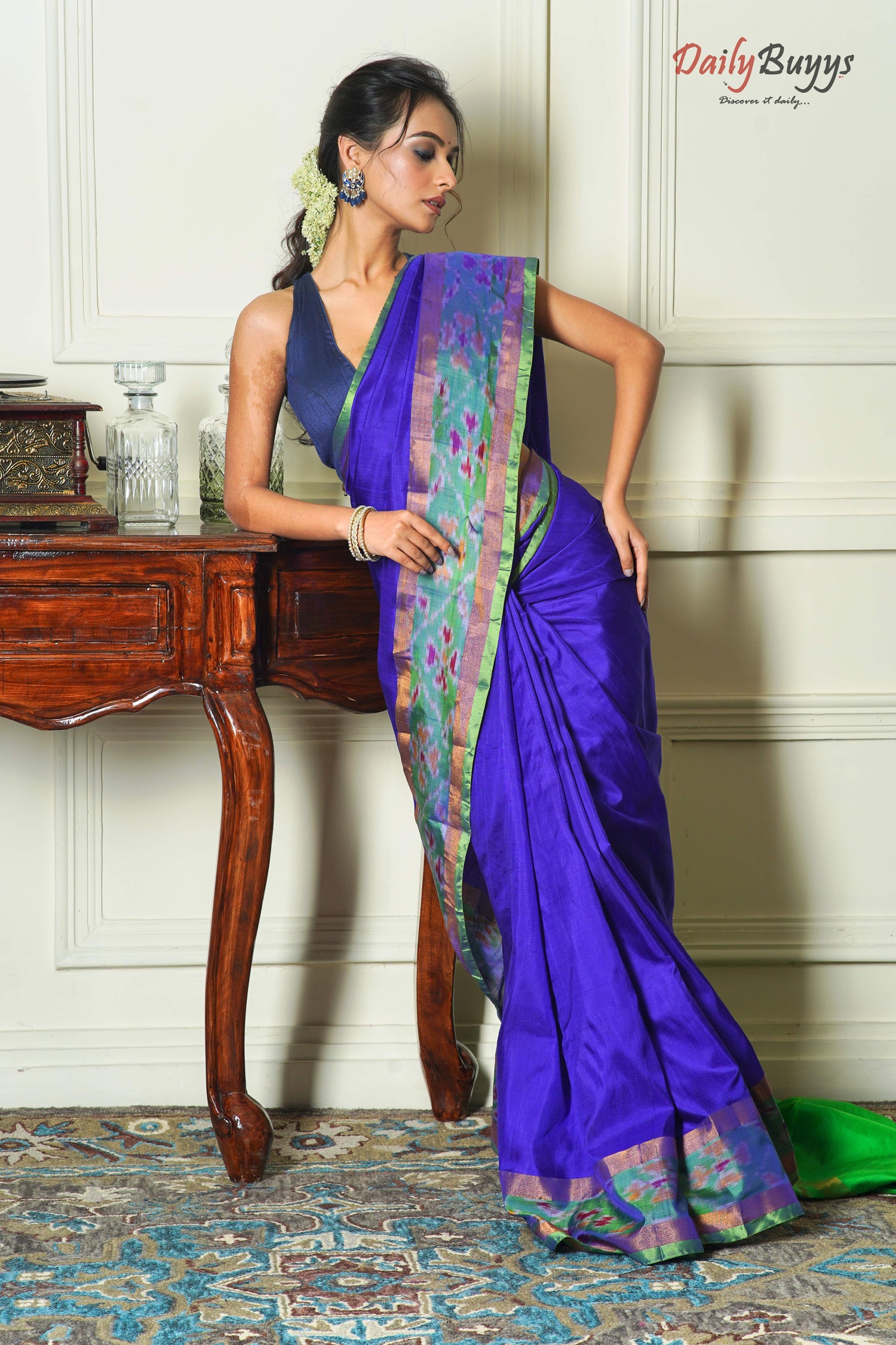Royal Blue Green Pochampalli Border Pure Uppada Pattu Silk Sarees - Dailybuyys