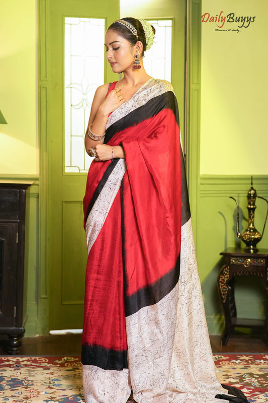 Asthetic Red Block Printed Pure Silk Mark Certified Bishnupuri Silk Sarees - Dailybuyys