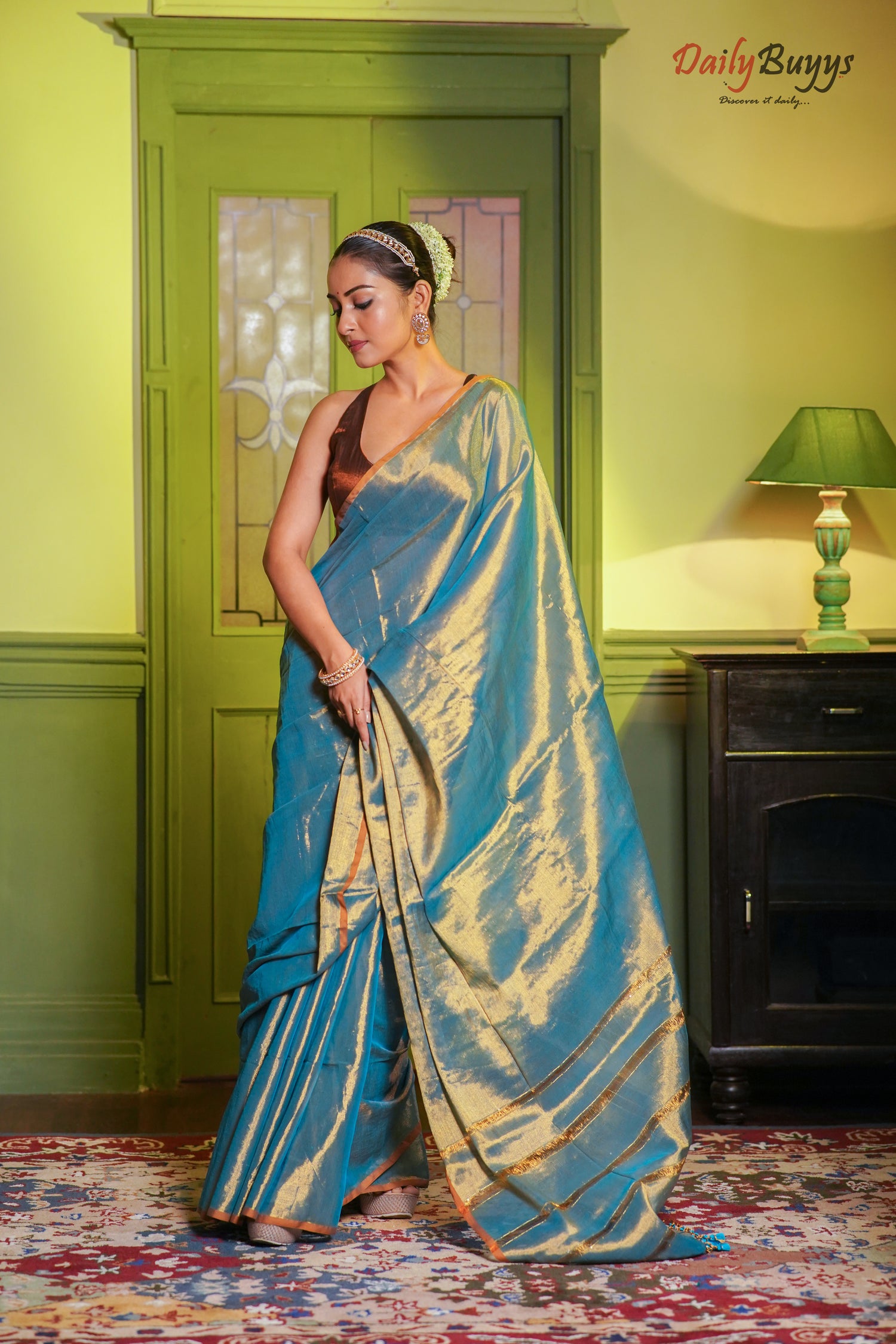 Golden Sea Blue Sequin Work Handloom Metallic Tissue Silk Sarees - Dailybuyys