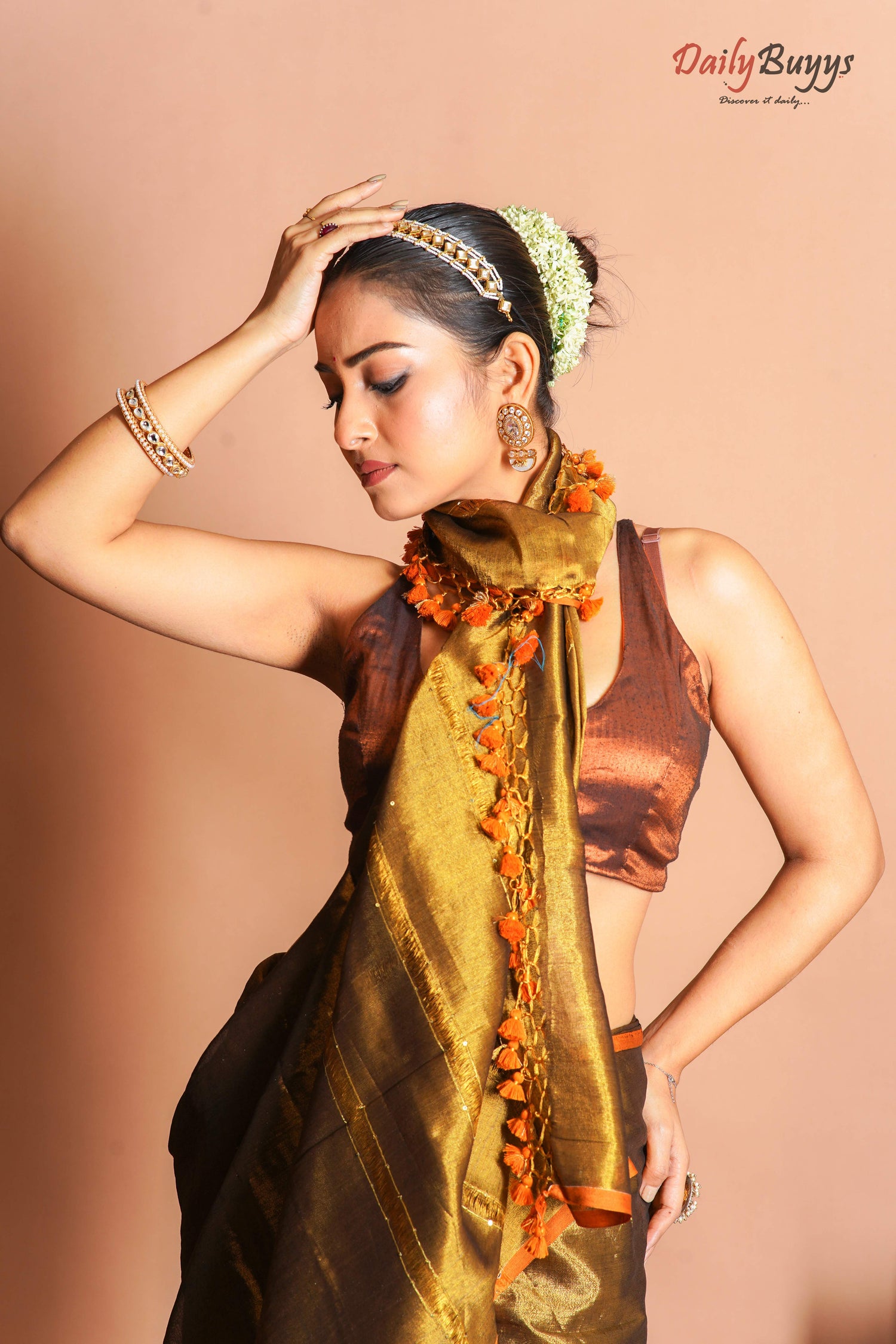 Dark Golden Sequin Work Handloom Metallic Tissue Silk Sarees - Dailybuyys
