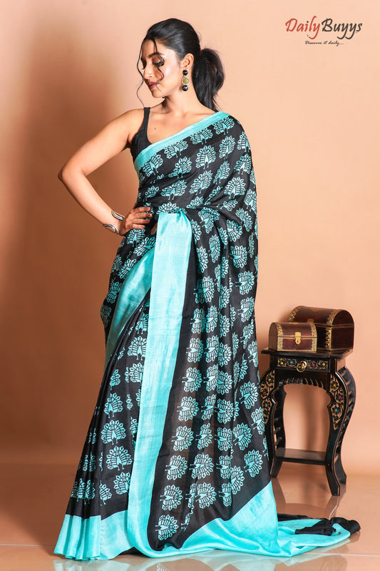 Peacock Block Printed Pure Silk Mark Certified Bishnupuri Silk Sarees - Dailybuyys