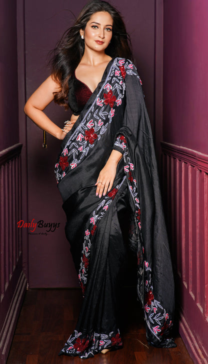 Designer Black Tikki and Diamond Studded Silk Mark Certified Pure Silk Sarees - Dailybuyys