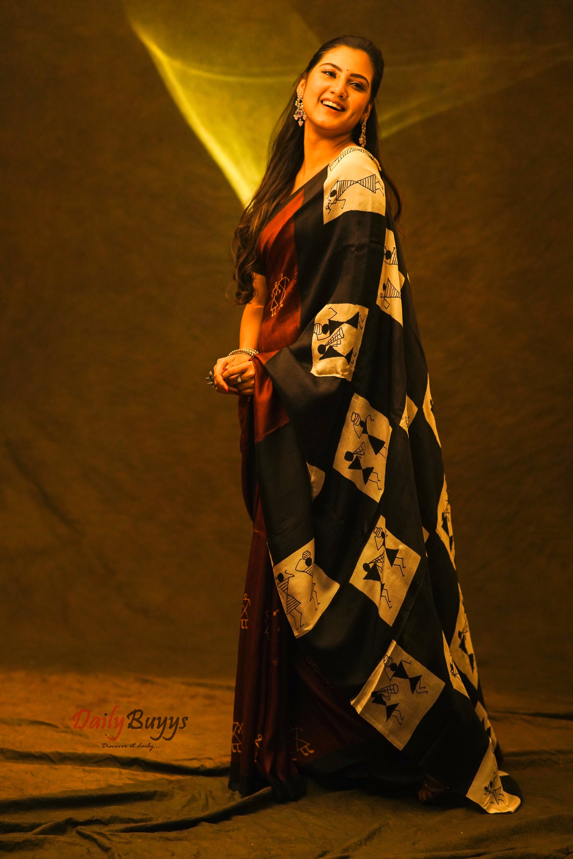 Tribal Designer Maroon Black Block Printed Silk Mark Certified Bishnupuri Silk Sarees - Dailybuyys