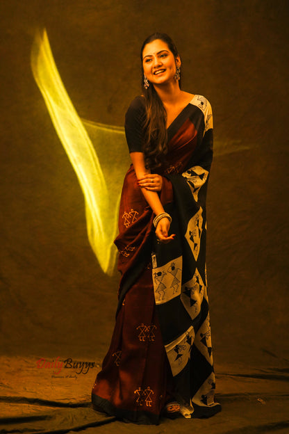 Tribal Designer Maroon Black Block Printed Silk Mark Certified Bishnupuri Silk Sarees - Dailybuyys