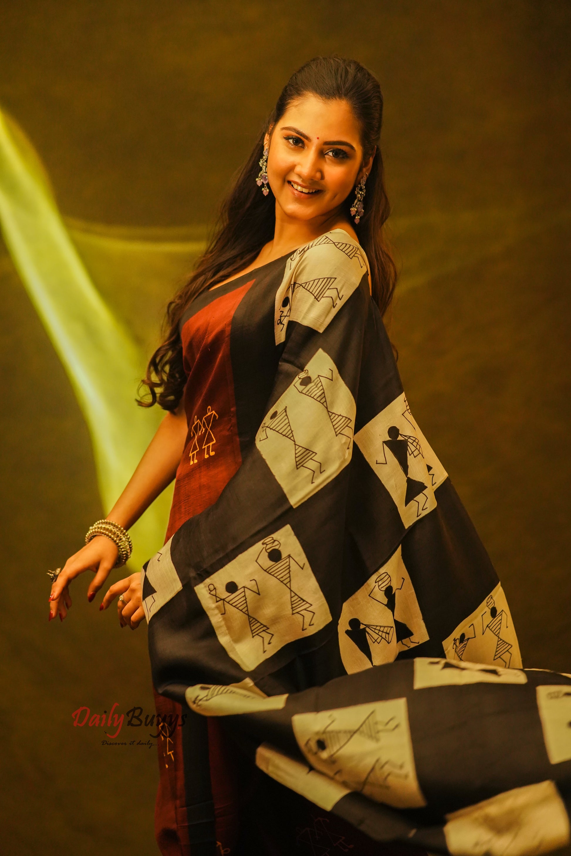 Tribal Designer Maroon Black Block Printed Silk Mark Certified Bishnupuri Silk Sarees - Dailybuyys