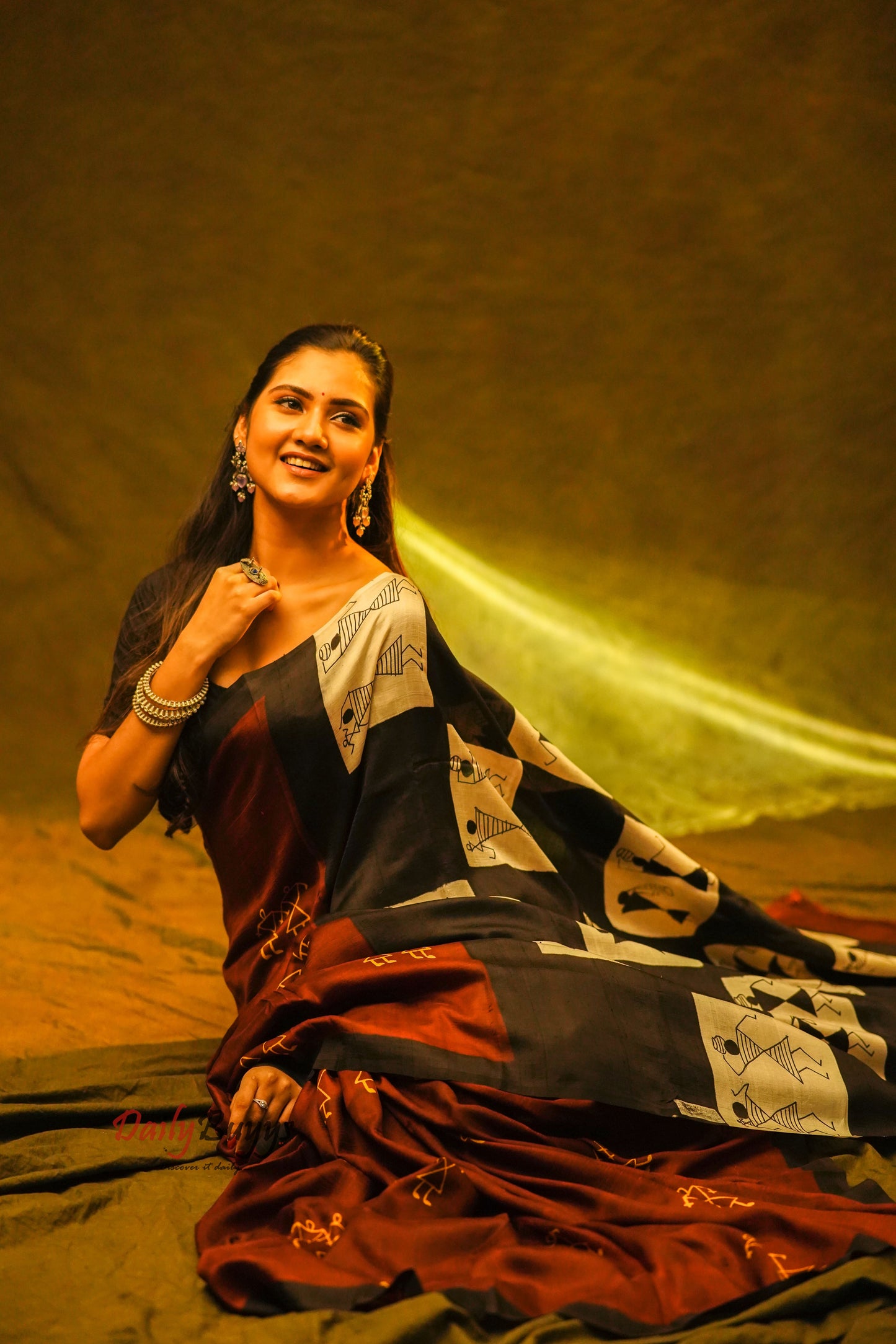 Tribal Designer Maroon Black Block Printed Silk Mark Certified Bishnupuri Silk Sarees - Dailybuyys